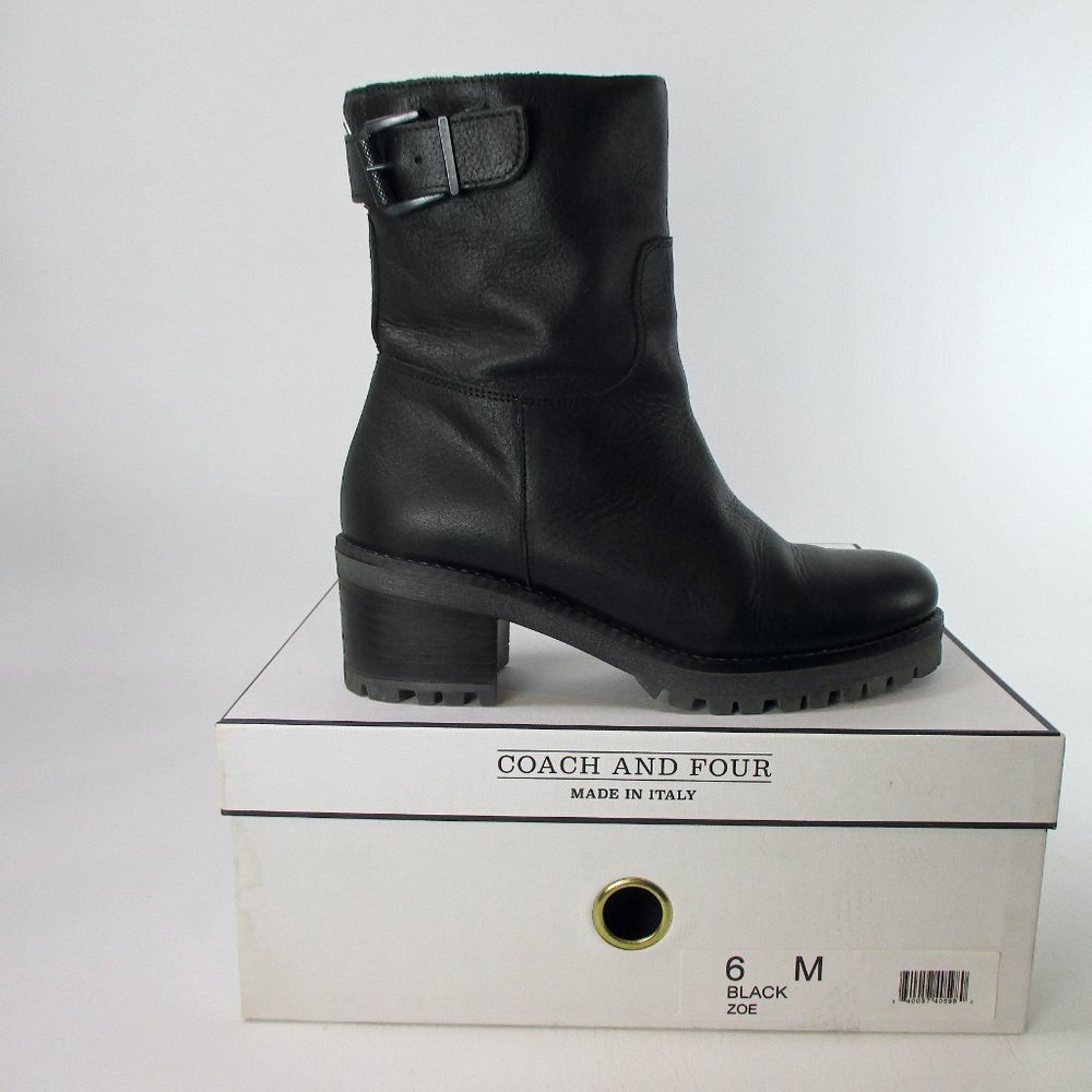 Coach and Four ZOE Black Leather Moto Boots Lug Sole Sherpa Lined Like New 6M